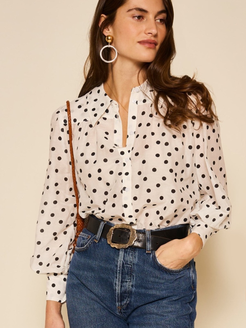 RIXO White and Black Polka Dot Button-Front Blouse Jacket